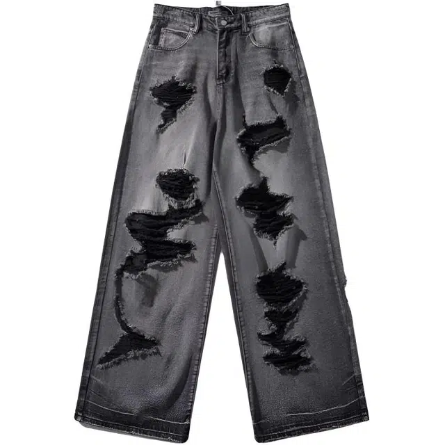 沐诚阳译 破洞乞丐潮牌宽松做旧阔腿裤美式高街直筒拖地裤子牛仔裤 男款