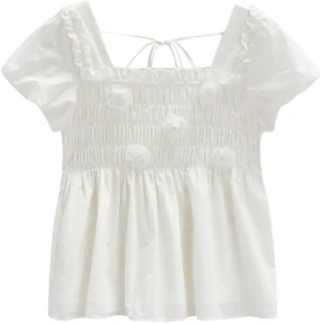 爱依服 法式甜美纯色泡泡袖方领短袖衬衫 女款