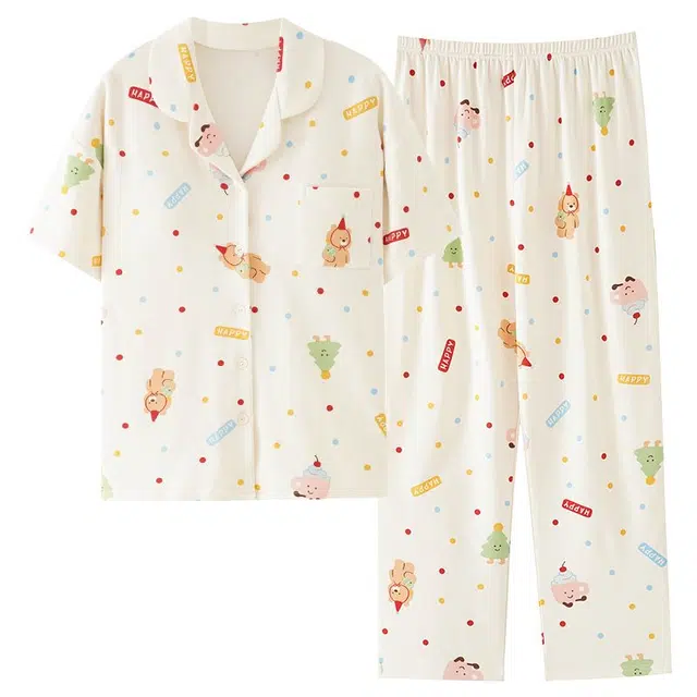 俏韵 翻领卡通夏季款短袖长裤带胸垫甜美舒适薄款家居服可外穿睡衣套装 女款