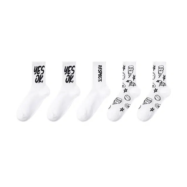 水中花 袜子防臭吸汗训练健身高帮袜街头黑白潮流原创涂鸦学生长袜透气舒适防滑跑步篮球运动袜青少年抑菌抗起球中筒袜 男女同款 组合装