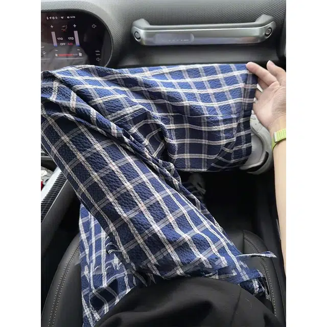 佑麟 藏青色泡泡纱格子裤夏季薄款慵懒松弛感凉感冰丝裤子直筒阔腿裤休闲裤 男女同款