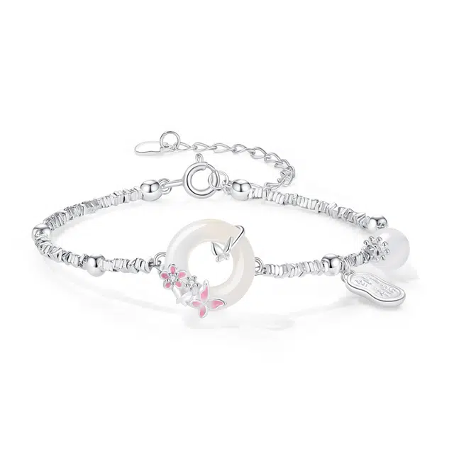 银千惠 好运福蝶平安扣碎银几两纳福牌手饰 新中式小众国风平安纳福本命年招财蝴蝶纯银转运 简约轻奢女友百搭岁岁平安 玉髓 手链 女款