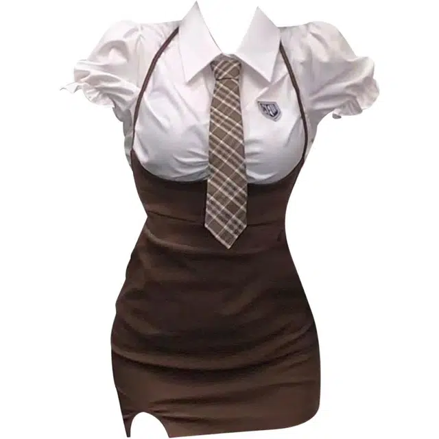 棉购 学院风衬衫领修身假两件短款短袖连衣裙 女款