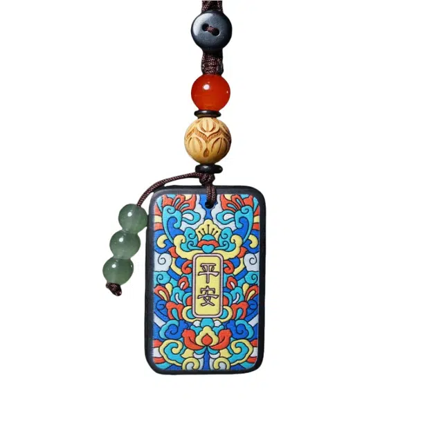 舞依翡 国潮文玩彩绘莲花平安无事牌汽车手机 黑檀 挂件 男女同款情侣款