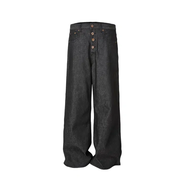 零氏 赤耳红边原牛马毛红线多纽扣设计美式复古宽松百搭时尚舒适基础简约纯色阔腿长裤子直筒拖地牛仔裤 男女同款