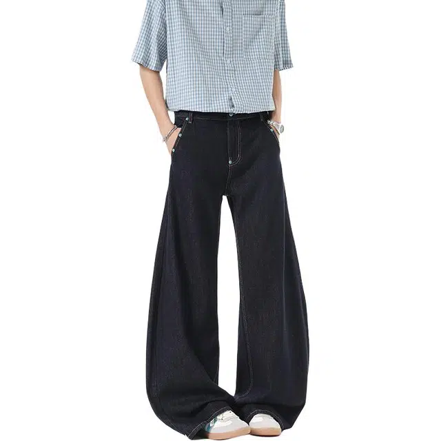 佑麟 撞钉丹宁弯刀牛仔裤宽松直筒阔腿裤子休闲裤 男女同款