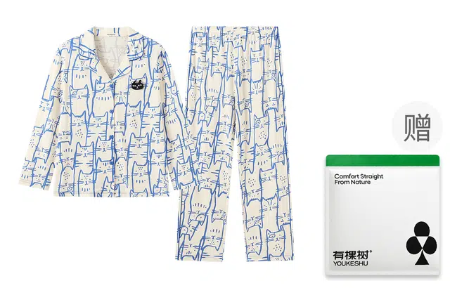 有棵树 纯棉抑菌动物手绘印花常规袖长袖翻领小清新休闲睡衣套装 女款