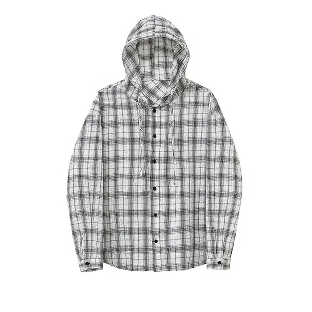 欧路得 美式格纹长袖男女款夏季慵懒风情侣连帽衬衣户外宽松薄款外套衬衫 男款