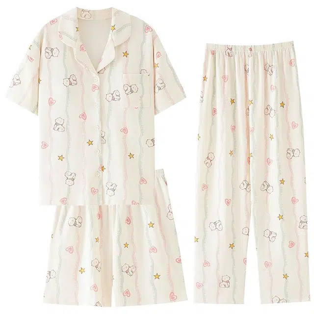 俏韵 翻领卡通猫咪夏季舒适可爱甜美带胸垫短袖三件套薄款家居服可外穿睡衣套装 女款