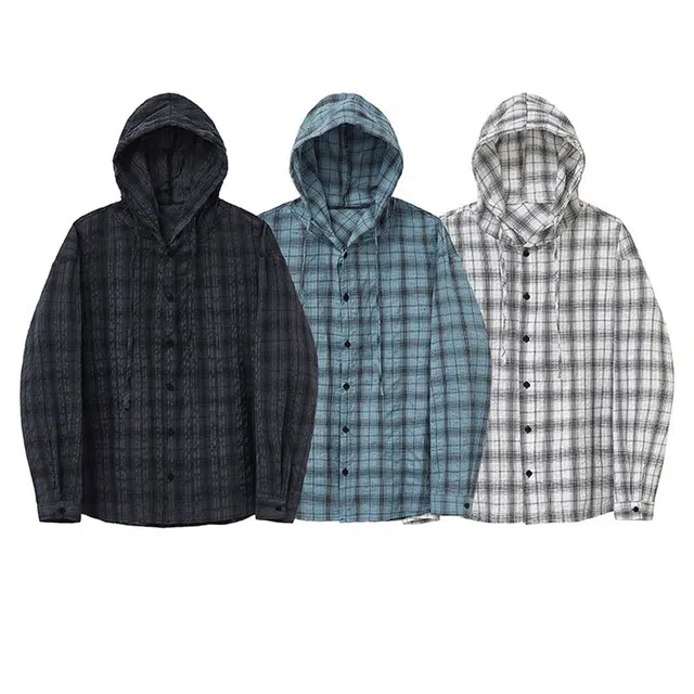 欧路得 美式格纹长袖男女款夏季慵懒风情侣连帽衬衣户外宽松薄款外套衬衫 男款