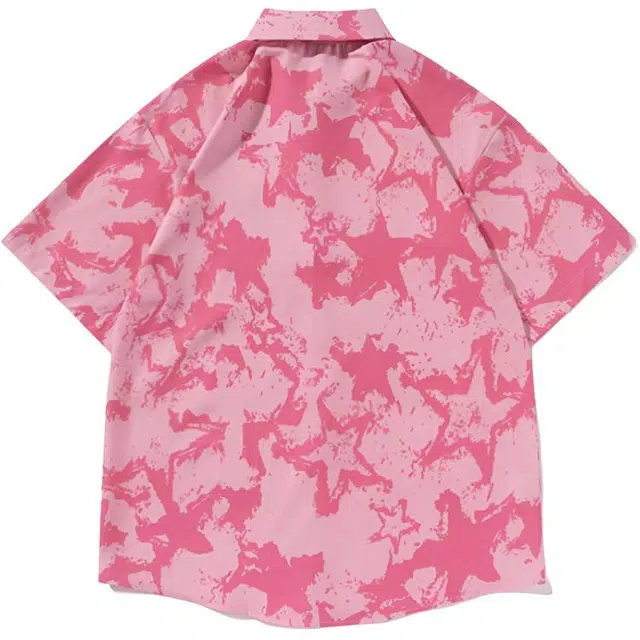 沐诚阳译 星星印花日系街头潮牌宽松百搭沙滩花衬衣短袖衬衫 男款