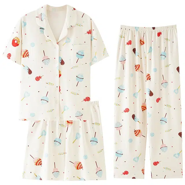 俏韵 翻领卡通夏季舒适可爱甜美带胸垫短袖三件套薄款家居服可外穿睡衣套装 女款