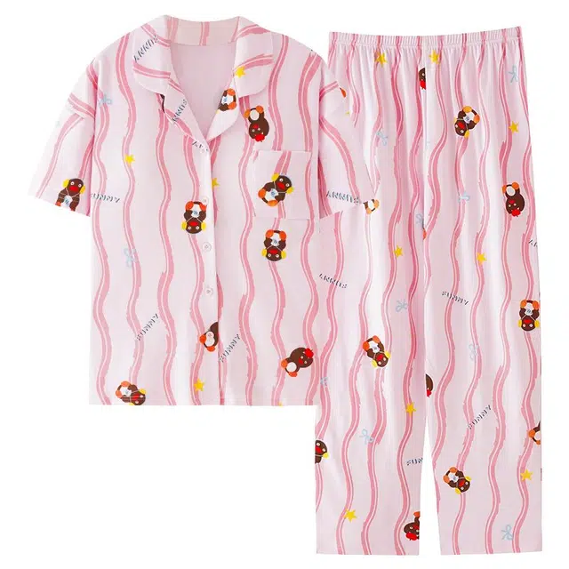 俏韵 翻领卡通夏季短袖长裤带胸垫甜美舒适薄款家居服可外穿睡衣套装 女款