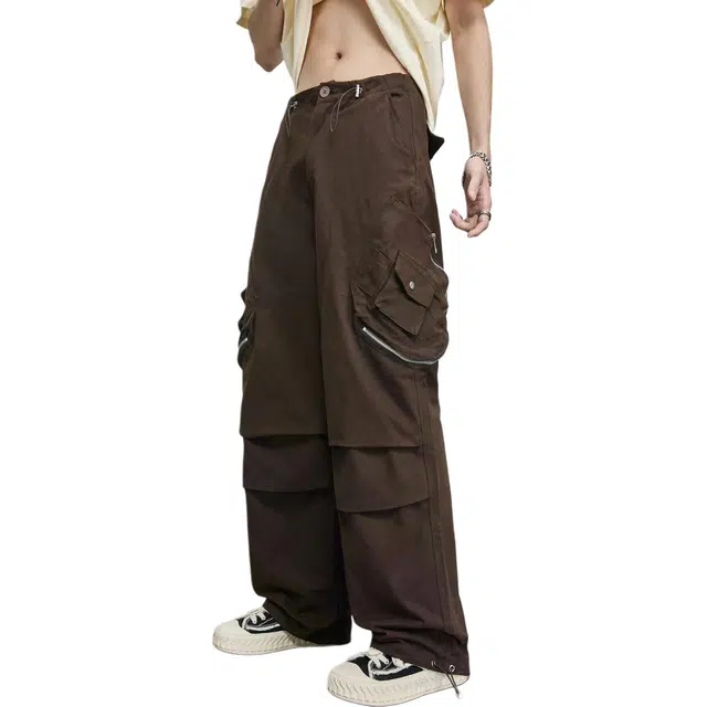 隐狼世家 美式复古大口袋直筒纯色中腰长裤工装裤 男款