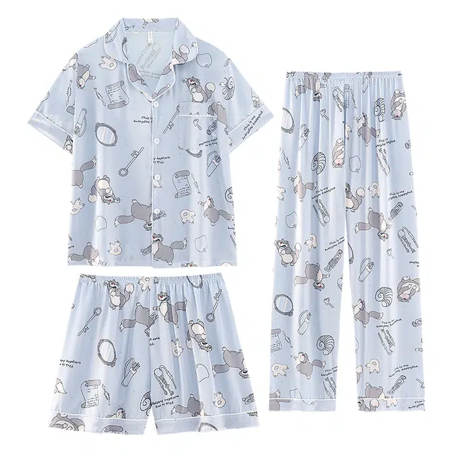 向薇 夏季三件套短袖短裤长裤冰丝凉感可爱卡通可外穿家居服睡衣套装 男款