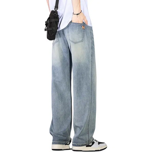 协协乐 复古薄款凉感透气宽松直筒阔腿垂感休闲运动百搭长裤子牛仔裤 男款