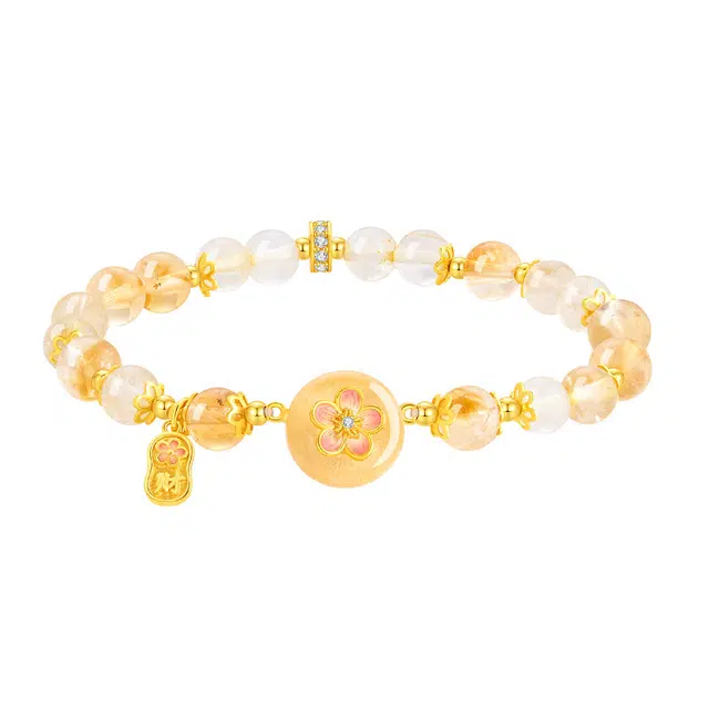 银千惠 新中式桃之夭夭桃花平安扣转运珠福牌 国风桃花十里小众 平安纳福招财招桃花甜蜜轻奢简约百搭 金发晶 手串 女款