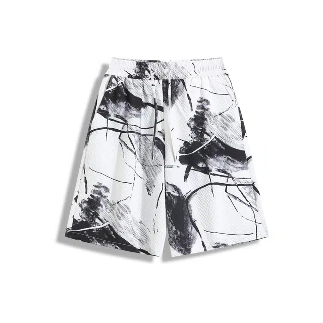 零氏 夏季冰丝薄款泼墨泡泡格设计感舒适垂感宽松系带高级感户外沙滩中裤五分裤休闲短裤 男女同款