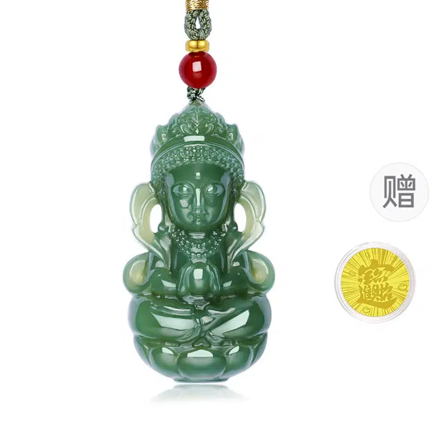 中鑫珠宝 绿度母观音菠菜绿佛像挂坠天然玉石 和田玉吊坠 碧玉 男女同款情侣款