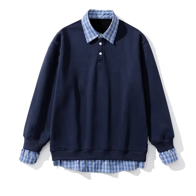 佑麟 格子衬衫领假两件春秋季设计感休闲长袖外套上衣卫衣 男女同款