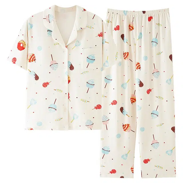 俏韵 翻领卡通风夏季短袖长裤带胸垫甜美舒适薄款家居服可外穿睡衣套装 女款