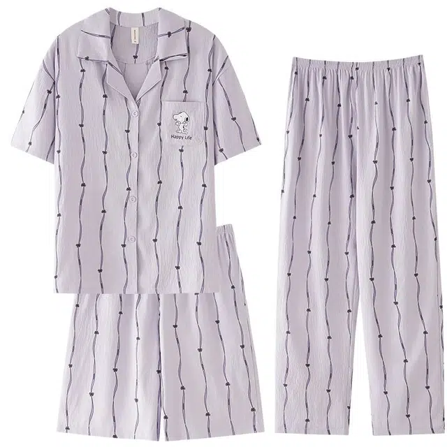 俏韵 翻领卡通夏季天云朵棉舒适可爱短袖三件套薄款家居服可外穿睡衣套装 女款