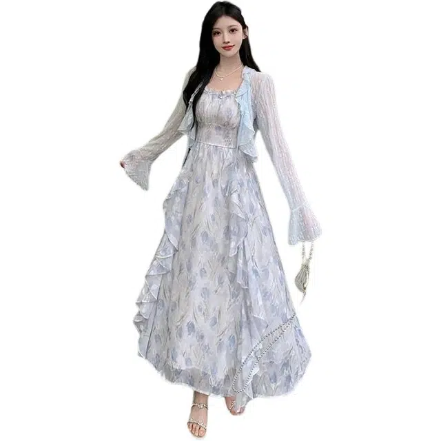 黛尔佳人 法式初恋碎花吊带连衣裙仙气海边度假开衫裙装套装 女款