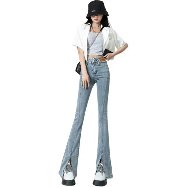 识恩 开叉时尚韩系百搭舒适裤子高腰显瘦小个子喇叭裤牛仔裤 女款