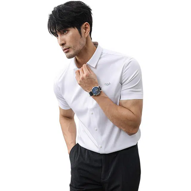 大白鲨 男士衬衣易打理短袖高级寸休闲商务正装修身轻奢衬衫 男款