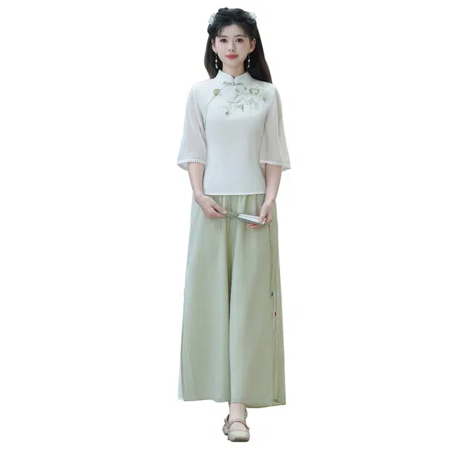 丝絮丝绸 新中式国风大码改良旗袍上衣复古阔腿裙裤日常两件套裙装套装 女款