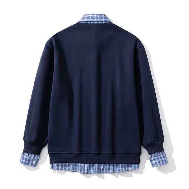 佑麟 格子衬衫领假两件春秋季设计感休闲长袖外套上衣卫衣 男女同款