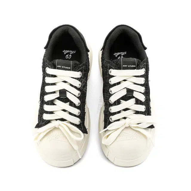 年走索 厚底时尚休闲亮布国潮简约 低帮 板鞋 男女同款 黑色