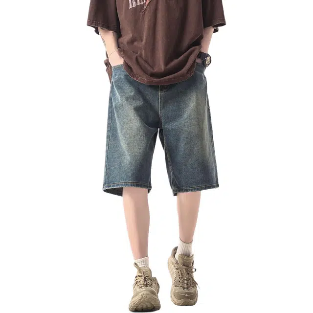 袋鼠 美式经典款直筒宽松水洗做旧中腰百搭亲肤五分休闲牛仔短裤 男女同款