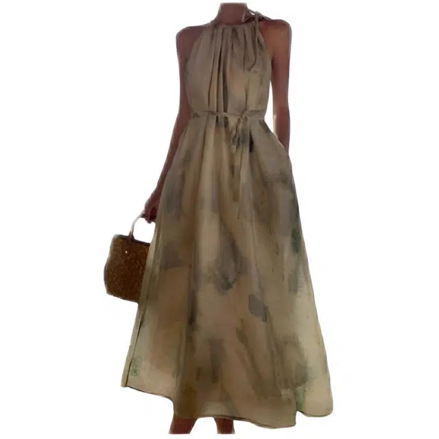 天才小熊 女装宽松无袖露肩晕染挂脖连衣裙夏季慵懒风气质休闲度假小个子过膝长裙 女款