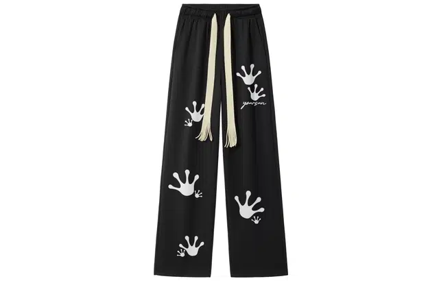 宜而爽 美式潮流学院风创意超酷手掌印花签名字母运动慵懒高街日常宽松阔腿直筒显高垂感拖地松紧腰纯色系带篮球针织休闲裤 男女同款