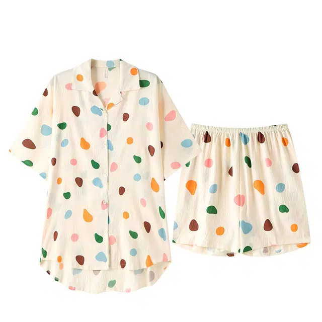俏韵 翻领卡通夏季云朵棉开衫短袖短裤家居服可外穿睡衣套装 女款