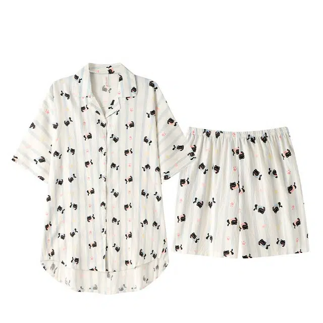 俏韵 翻领卡通猫咪夏季云朵棉简约开衫甜美短袖短裤家居服可外穿睡衣套装 女款
