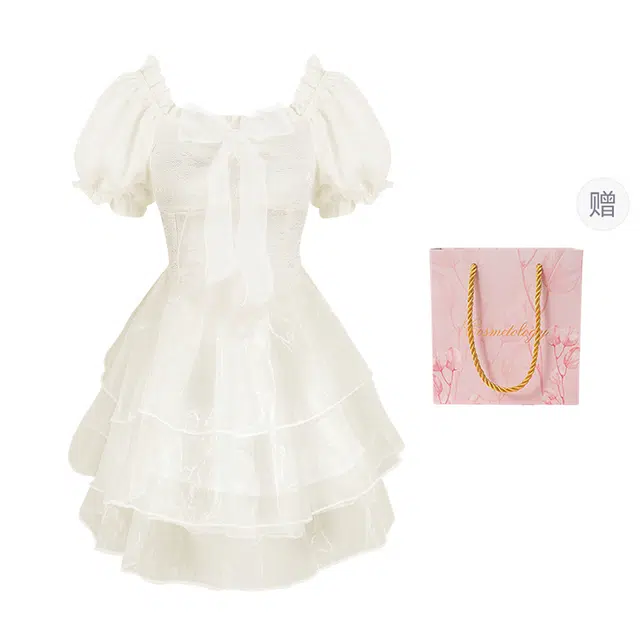 棉购 法式甜辣风蓬蓬裙女甜美收腰公主裙短袖连衣裙 女款 杏色