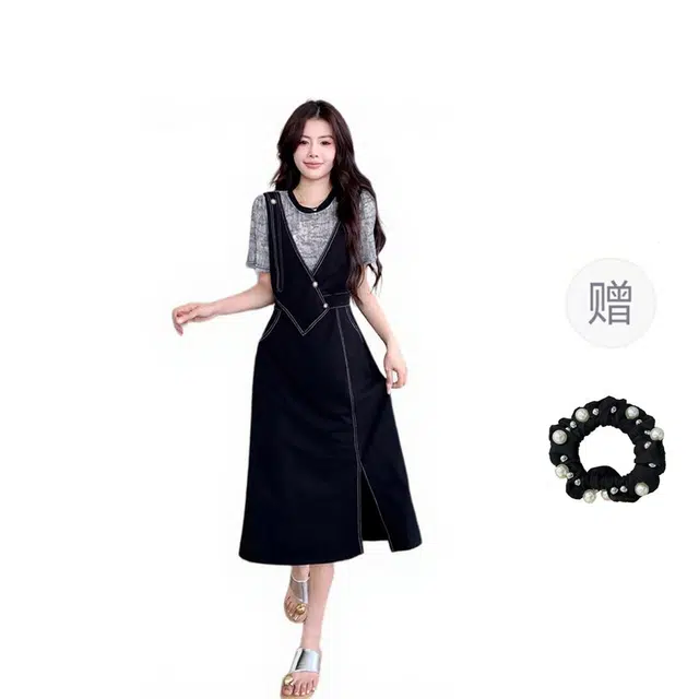 雾闪闪 温柔减龄拼接纯色常规圆领通勤高腰短袖连衣裙 女款