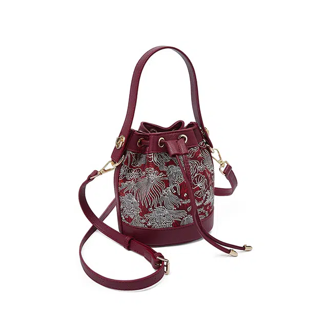 老人头 新中式国风通勤时尚刺绣抽绳 织物 水桶包单肩斜挎手提包 女款 凤纹红