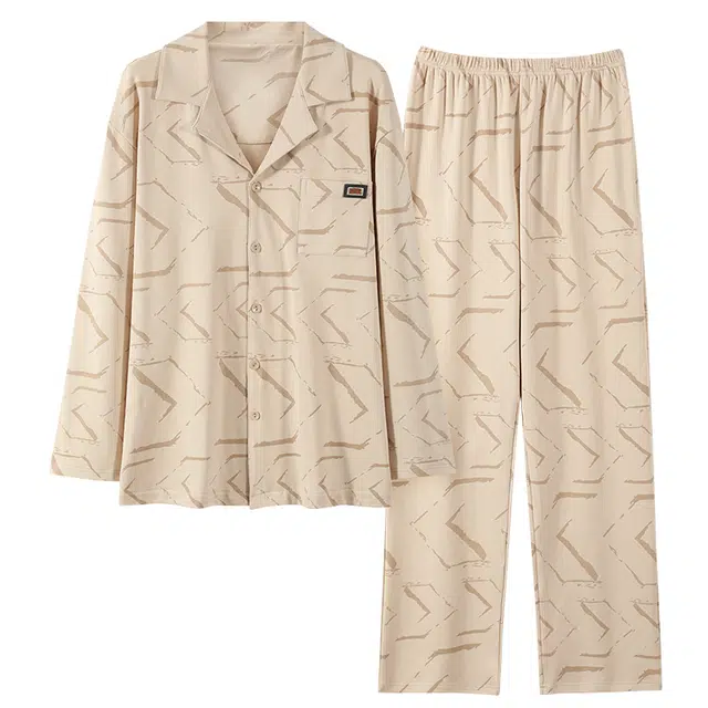 顶瓜瓜 简约风格翻领设计开衫舒适轻松可外穿家居服长袖长裤睡衣套装 男款