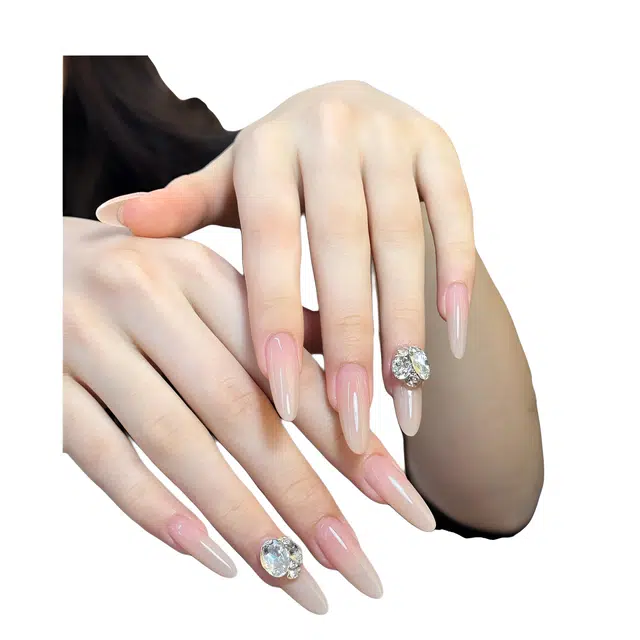 柚予颜 嬛嬛美甲白开水镶钻穿戴甲高级感简约显白美甲  长款裸色纯色 纯欲