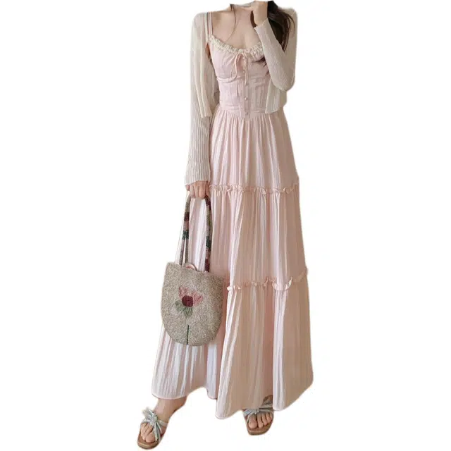 黛尔佳人 学院风性感蝴蝶结蕾丝花边吊带连衣裙女夏季长袖防晒针织开衫裙装套装 女款