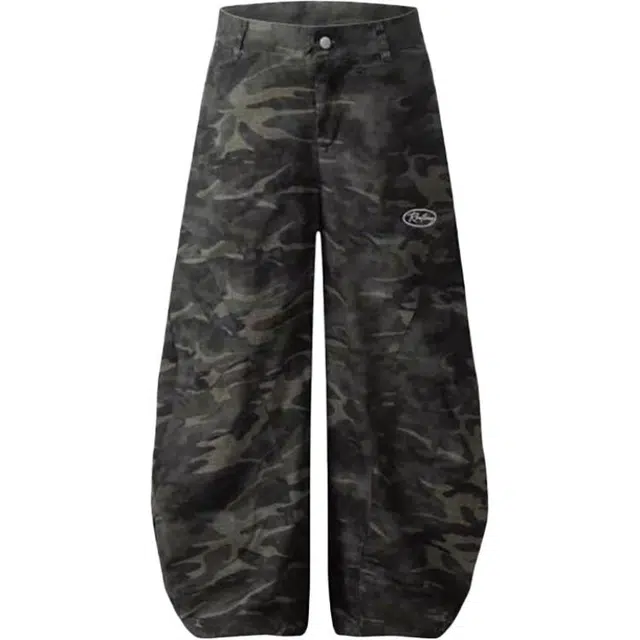 爱肯 美式复古嘻哈个性迷彩工装宽松弯刀休闲裤  男女同款