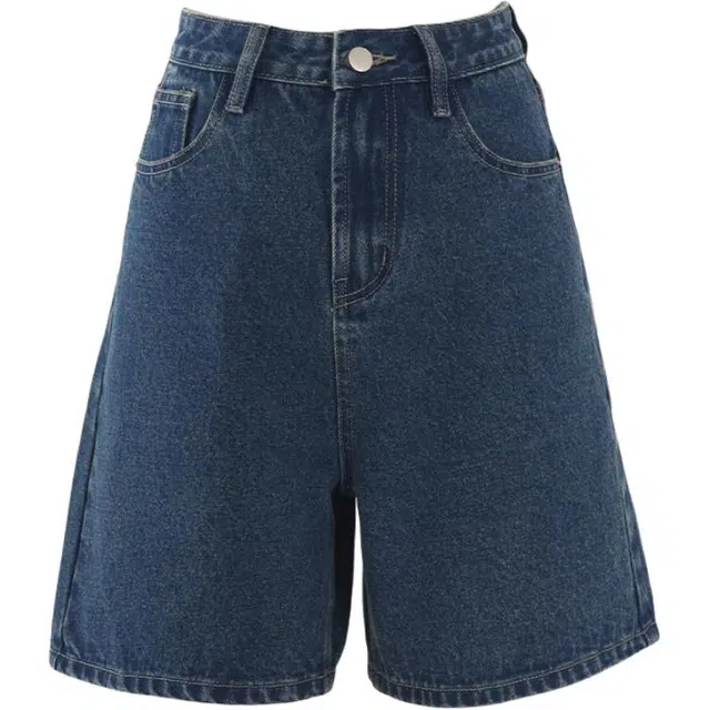 拾籍 复古时尚简约设计高腰阔腿裤女小个子夏季百搭休闲宽松显瘦直筒牛仔短裤 女款