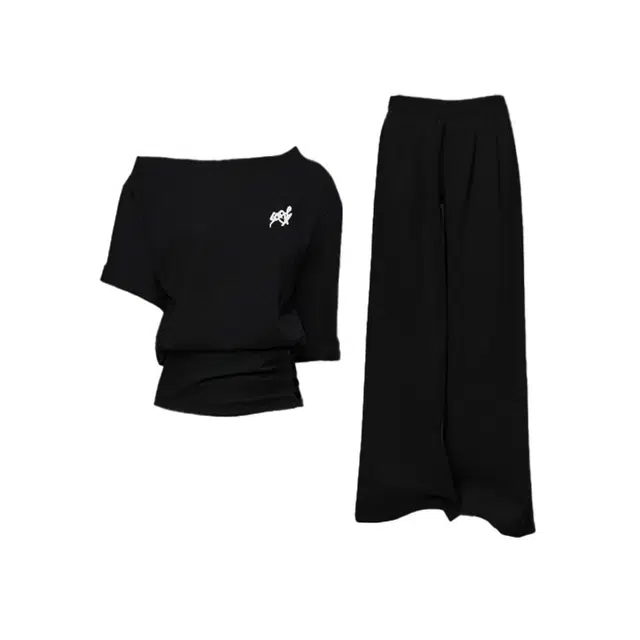 爱肯 韩系风格短款收腰字母印花斜肩绝美设计感美式上衣宽松舒适慵懒感长裤两件套时尚百搭高腰显瘦学院风休闲运动套装 男女同款