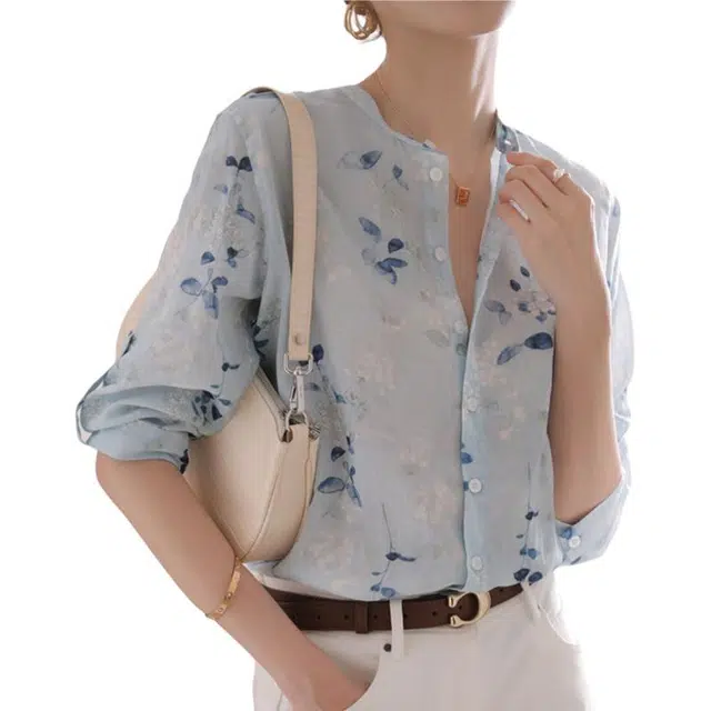 丝絮丝绸 碎花显瘦法式设计上衣设计感衬衣短袖衬衫 女款