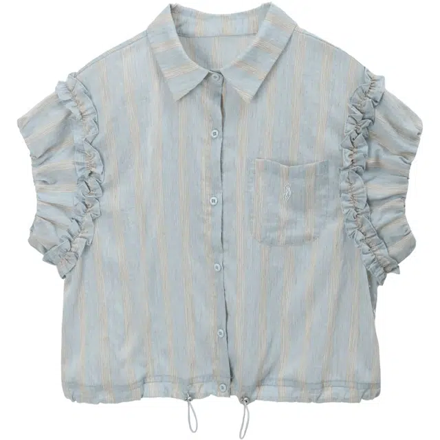 谜秀 亚麻棉混纺设计感条纹常规短袖翻领法式衬衫 女款