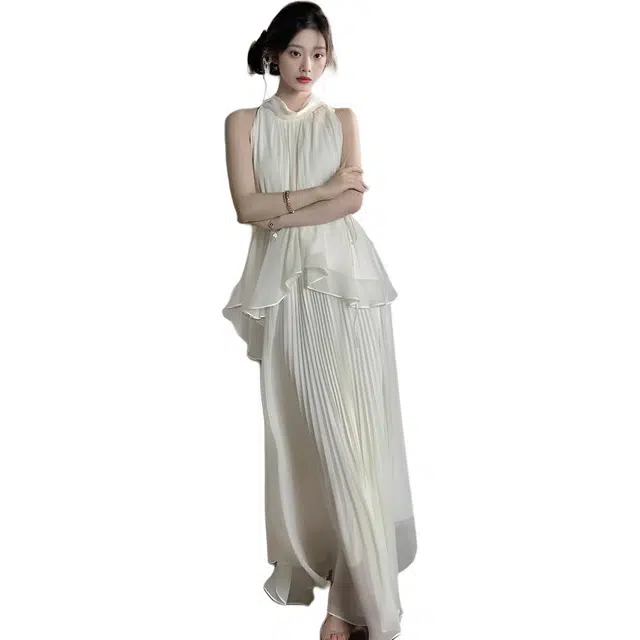 缪斯的诱惑 韩系高级感无袖上衣褶皱半身裙度假长裙裙装套装 女款