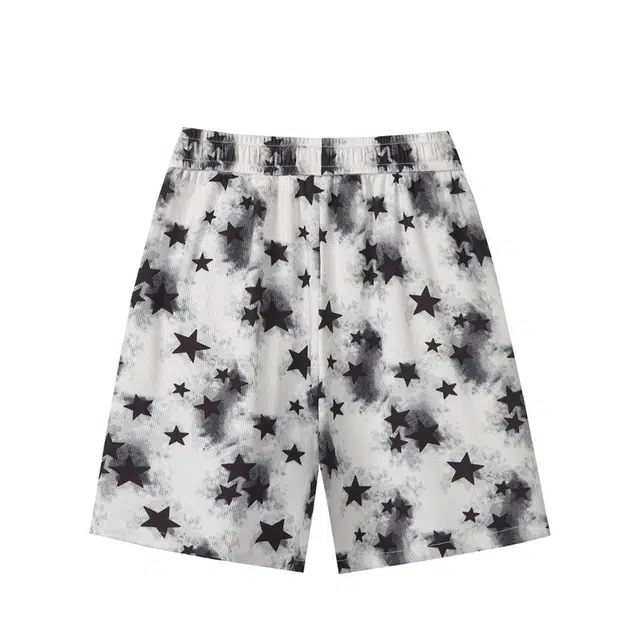 顶峰保罗 星星图案薄款凉感直筒阔腿五分裤美式潮牌宽松舒适小众百搭高街设计感休闲短裤  男女同款